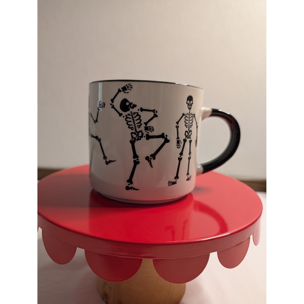 Halloween Dancing Skeletons Ceramic Coffee Mug White Black Spooky Gothic Cup